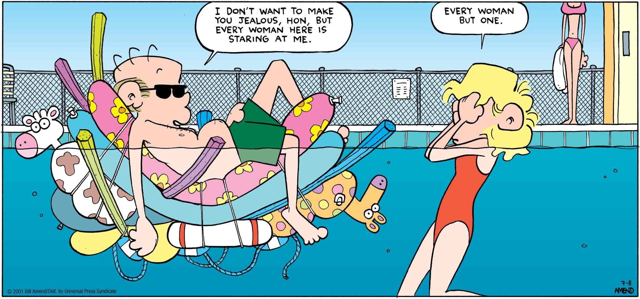 FoxTrot by Bill Amend July 8, 2001 - Summer Comics - Roger: I don't want to make you jealous, hon, but every woman here is staring at me. Andy: Every woman but one.